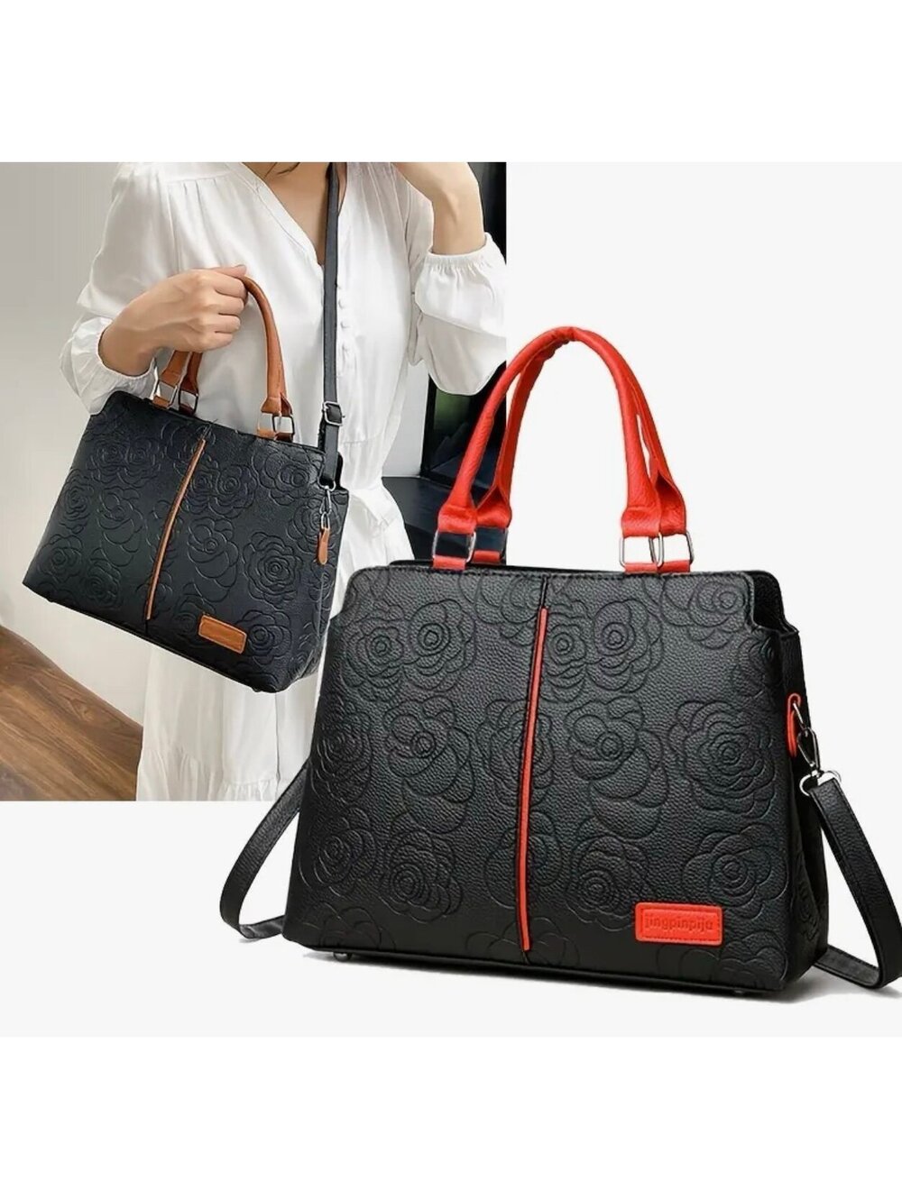 New - Elegant - Faux Leather -Rose Embossed Shoulder /Hand Bag -Black/Red